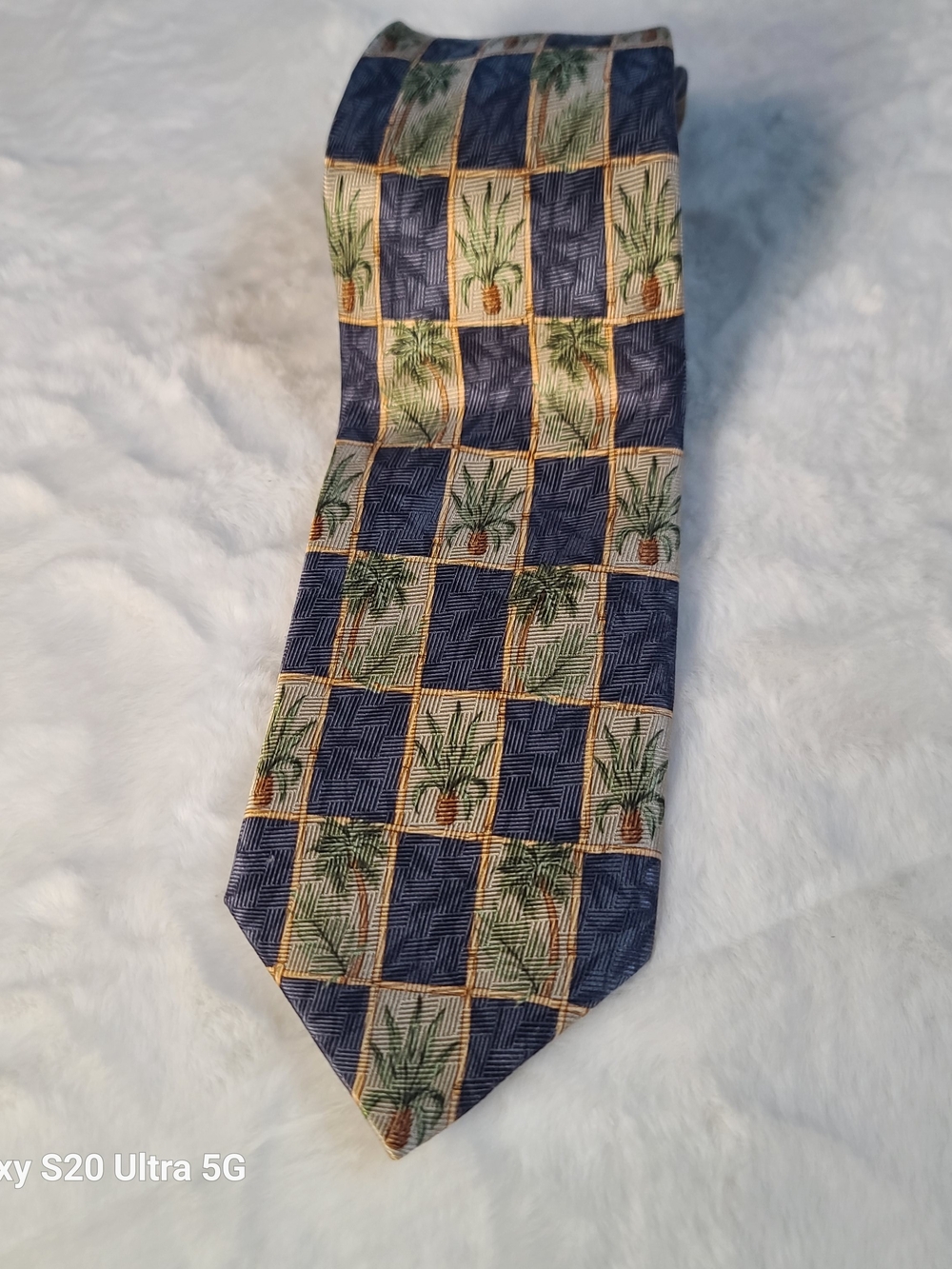 Navy, Green and Gold Palm-Check Silk Tie